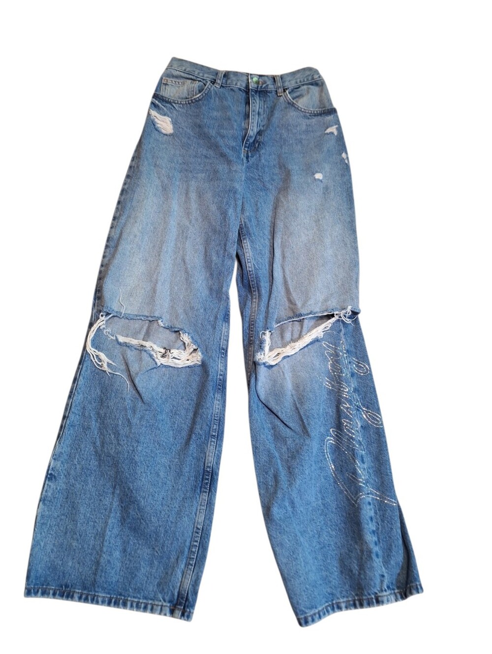 Playboy Embellished Distressed Wide-Leg Blue Jeans Holes Distressed 27 x 30